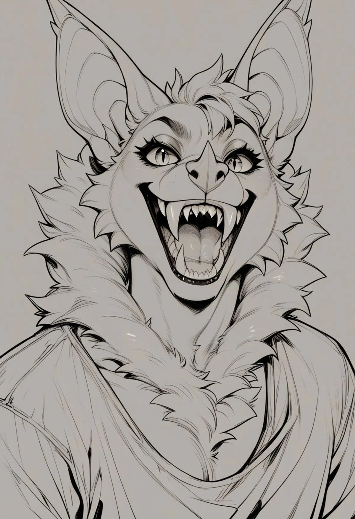 score_9, score_8_up, score_7_up, score_6_up, score_5_up, Perfect Fangs, sharp teeth, furry, anthro bat, smile, lineart