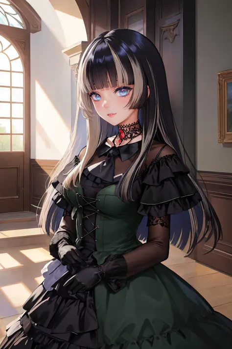 ultra detailed, sharp focus, best quality, masterpiece, <lora:JuufuuteiRaden:1> RadenBase, choker, black dress, frills, long sleeves, black gloves, museum background, masterpiece, intricate details