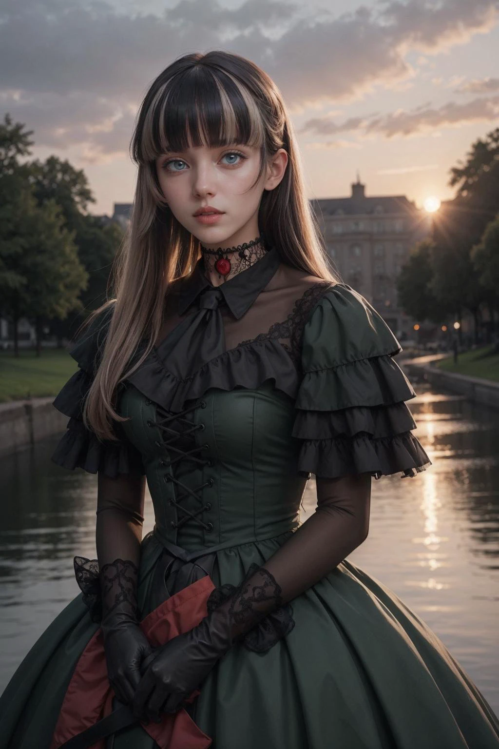 RadenBase, choker, black dress, frills, long sleeves, black gloves,<lora:CHAR-JuufuuteiRaden:0.8>, Hands on a surface, leaning forward, Sunset Lighting, Subsurface Scattering, Depth Blur, Selective Focus