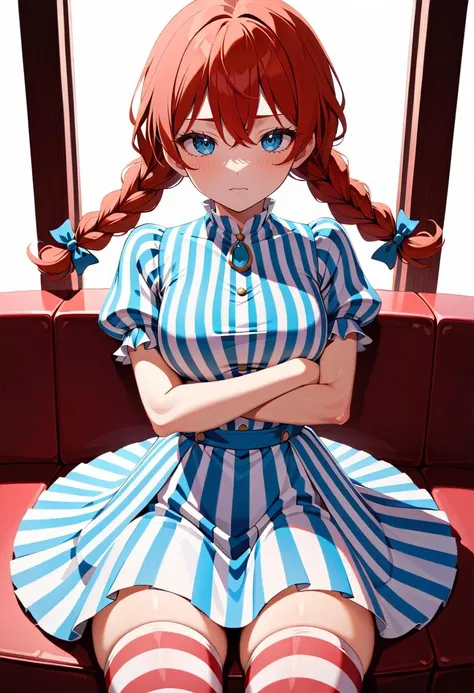 solo, 1girl, ffwendys, shaded face, disgusted, looking at viewer, crossed arms, twin braids, striped dress, striped sleeves, puffy sleeves, striped thighhighs, masterpiece, best quality, rating: general, newest <lora:fastfood_wendys_xl-000004:1>