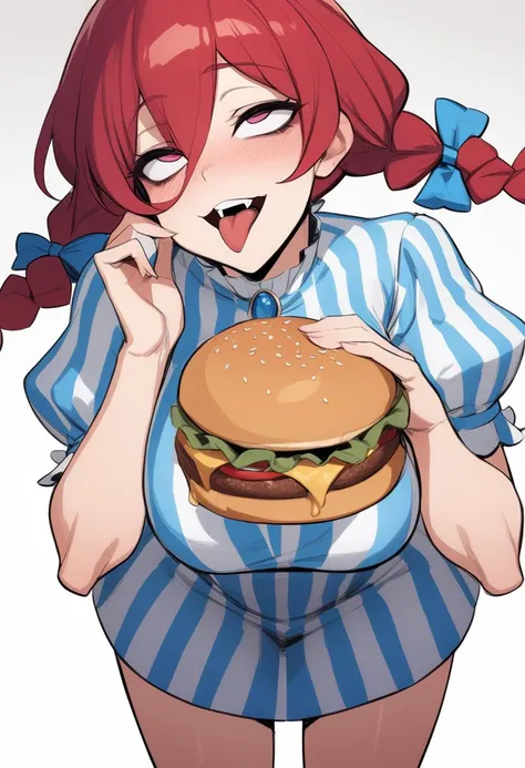 masterpiece, best quality, 1girl, ratatatat74, <lora:fastfood_wendys_xl-000004:1> ffwendys, twin braids, hair bow, striped dress, striped sleeves, puffy sleeves, smile, open mouth, tongue, rolling eyes, large breasts, leaning forward, holding burger, upper body, standing