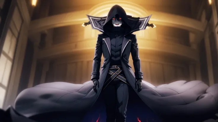 (masterpiece,best quality, high resolution:1.2),dark dynamic lighting, <lora:59-2_Kagenou:0.65>, ChopioKagenou walking towards, menacing, centered, short hair, black hair, hair between eyes, hooded cloak, black coat, trench coat, black gloves, black pants, red eyes, glowing eyes, evil grin, parted lips, open mouth, detailed face, (solo:1.2),