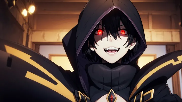 (masterpiece,best quality, high resolution:1.2), <lora:59-2_Kagenou:0.65>, ChopioKagenou arms spread, centered, short hair, black hair, hair between eyes, hooded cloak, black coat, trench coat, black gloves, black pants, red eyes, glowing eyes, evil grin, parted lips, open mouth, detailed face, (solo:1.2),