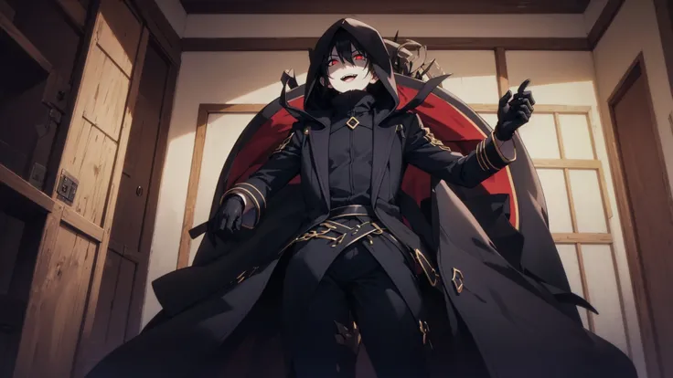 (masterpiece,best quality, high resolution:1.2),dark dynamic lighting, <lora:59-2_Kagenou:0.65>, ChopioKagenou sitting on throne, from below, menacing, centered, short hair, black hair, hair between eyes, hooded cloak, black coat, trench coat, black gloves, black pants, red eyes, glowing eyes, evil grin, parted lips, open mouth, detailed face, (solo:1.2),
