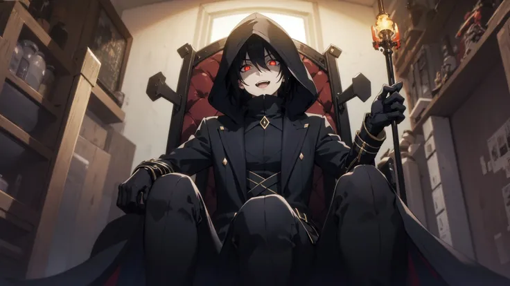 (masterpiece,best quality, high resolution:1.2),dark dynamic lighting, <lora:59-2_Kagenou:0.65>, ChopioKagenou (sitting on throne:1.1), from below, menacing, centered, short hair, black hair, hair between eyes, hooded cloak, black coat, trench coat, black gloves, black pants, red eyes, glowing eyes, evil grin, parted lips, open mouth, detailed face, (solo:1.2),