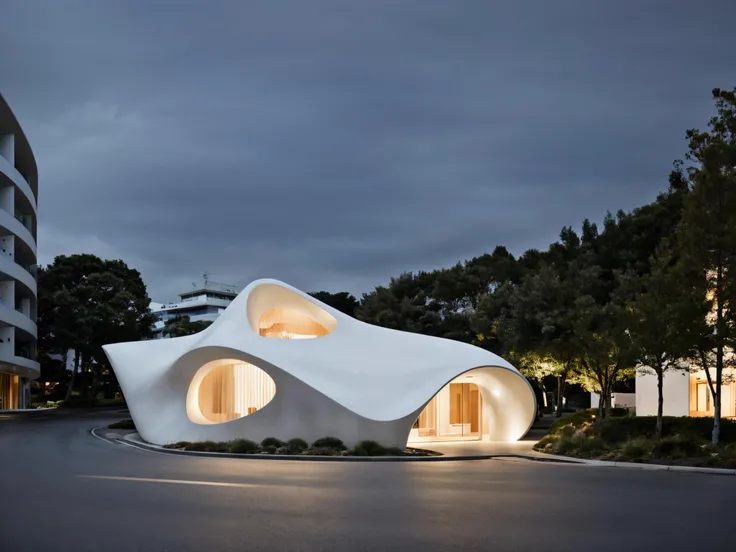 <lora:Arc_v5:0.65>, RAW photo, (tiny curvy crafted house in the city center by Kengo Kuma), curvilinear, Tokyo city center, Japanese style, white sky, cinematic lighting, (diffused light:1), light grey concrete, fog, architecture photography, hyper realistic, super detailed, 8k, Nikon Z6 Mirrorless Camera, film grain