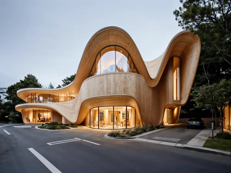 <lora:Arc_v5:0.5>, RAW photo, (curvy timber crafted corner house in the city center by Kengo Kuma), curvilinear, Tokyo city center, ((retro futurism style)), white sky, cinematic lighting, (diffused light:1), large cantilevers, fog, architecture photography, hyper realistic, super detailed, 8k, Nikon Z6 Mirrorless Camera, film grain