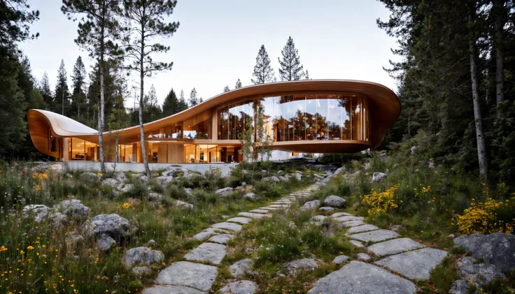 <lora:Arc_v5:0.63>, RAW photo, (curvy, raw, sculptural, carved wood, residential villa in Norway, designed by Kengo Kuma), ((one boy playing outside)), beautiful composition, curvilinear, ((retro futurism style)), white sky, cinematic lighting, (diffused light:1), fog, architecture photography, hyper realistic, super detailed, 8k, Nikon Z6 Mirrorless Camera, film grain