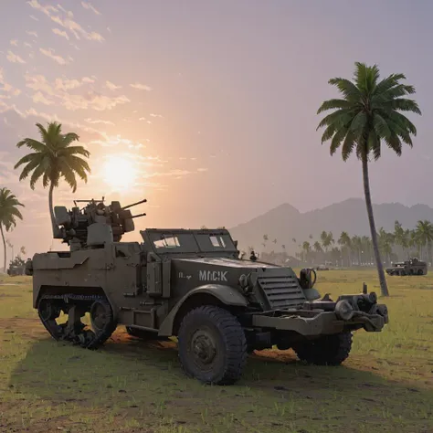 In the humid air of a Pacific island, an m16mtchppr halftrack is positioned at the edge of a makeshift airstrip, guarding against potential enemy air raids. Palm trees sway in the background as the gunners keep watch, the sun setting in a fiery display, apxlz