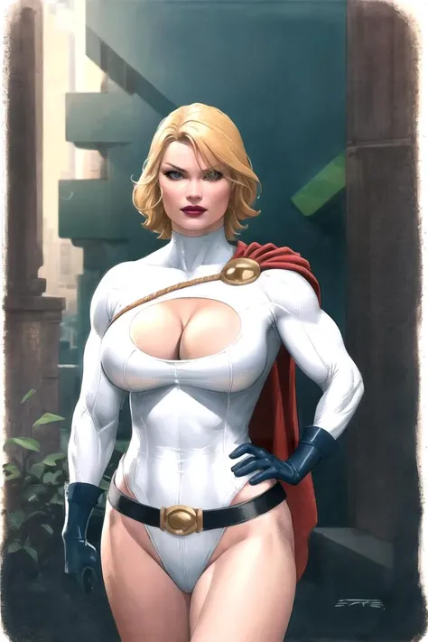 upper body, 
masterpiece, best quality, high quality, highres,looking at viewer, straight-on, 
ARTSTYLE_EsadRibic_ownwaifu, www.ownwaifu.com, 
realistic 
<lora:ARTSTYLE_EsadRibic_ownwaifu-15:0.9> 
CARTOON_DC_powergirl_ownwaifu, www.ownwaifu.com, 
breasts, blonde hair, blue eyes, large breasts, short hair, lips, thighs, makeup, lipstick, muscular, muscular female, thick thighs, huge breasts, red lips, groin, curvy, 
cleavage, cleavage cutout, clothing cutout, superhero, belt, blue gloves, red cape, white leotard, highleg leotard, highleg, loose belt, turtleneck, 
<lora:CARTOON_DC_powergirl_ownwaifu-15:1>