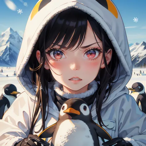 8K,Best quality,(detail background,North pole,snow-capped mountains),Ultra detail,Ultra high definition,Masterpiece,(girl in a penguin costume,goddess of penguins,girl was surrounded by penguins,shine lips,snow makeup),white gloves,girl sittin on a pinguin,(detail face, cute face,red_eyes:1,angry,black hair,detail hair),jeans,perfect glossy skin,perfect skin,medium breasts,warm boots,pinguin dress,pinguin with a hood,cinematic light