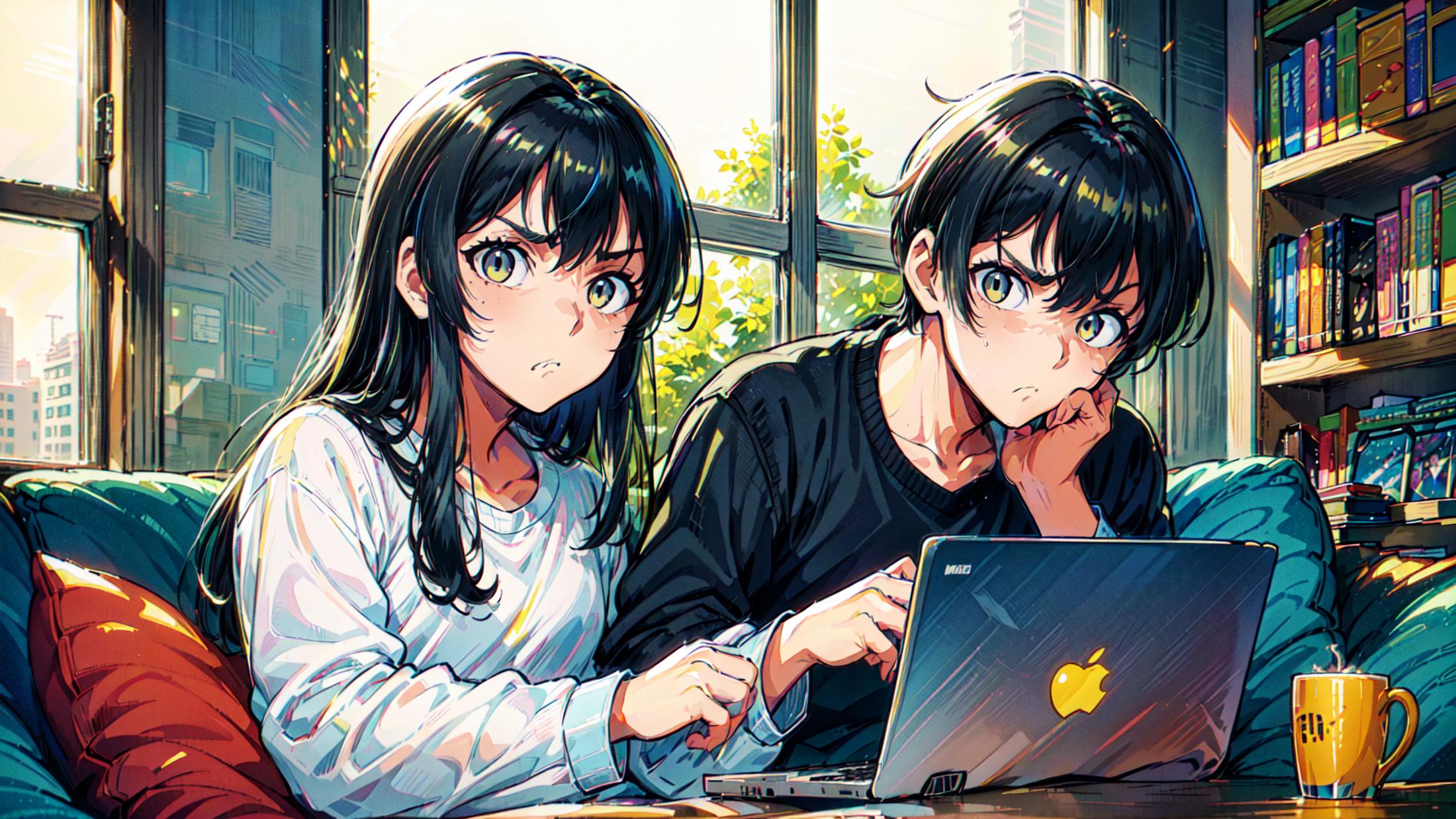 Anime couple sitting on a couch looking at a laptop computer - SeaArt AI
