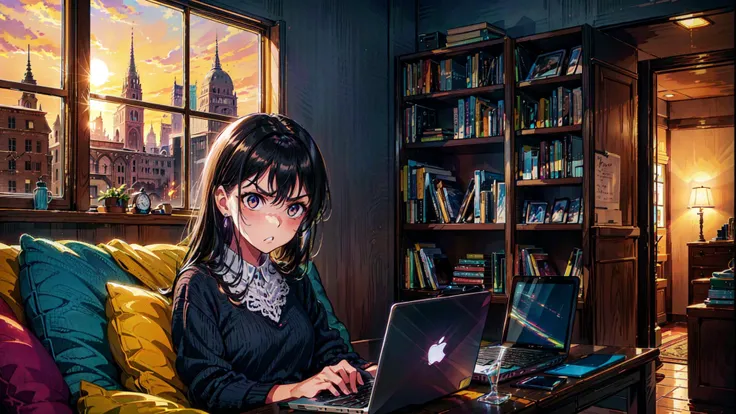 <lora:add_detail:0.5> <lora:hairdetailer:0.2> <lora:boldline:0.2> <lora:LookingDisgusted_V1:0.5>
((masterpiece)), (best quality), (ultra detailed), (digital), cute anime woman, 1woman, solo, blushing, ((very angry)), black hair, hazel eyes, purple dress, sitting, couch, table, laptop, (facing laptop), (looking at laptop), typing on keyboard, (sideways shot), living room, bookshelf, window, city burning in the background, fire, sunset, intricate, elaborate detail, ((vivid)) colors, high saturation