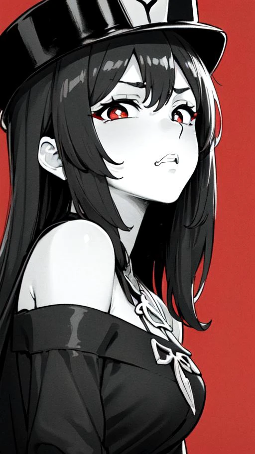 best quality, masterpiece,4k 8k wallpaper, <lora:hutao1:0.9> hutaodef, (((closeup photo))), (((Monochrome:1))), red background, <lora:LookingDisgusted_V1:0.4> ((looking disgusted)), looking at viewer