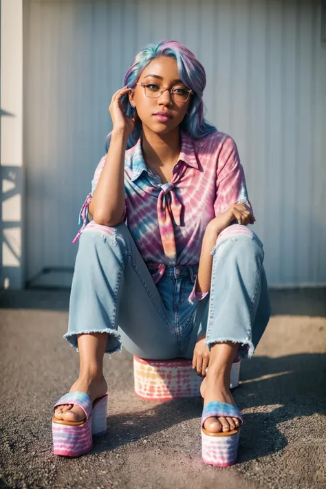 DEN_sabrina_nichole, headshot, face focus, shadows,
(plain background:1.3), (Retro-Hippie: Bell-bottom jeans, tie-dye shirt, and platform sandals.:1.2),
bokeh, f1.4, 40mm, photorealistic, raw, 8k, textured skin, skin pores, intricate details <lora:epi_noiseoffset2:1> DEN_kylie_paige