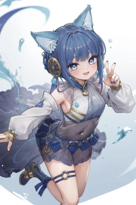 <lora:niniygo4:0.8>,  masterpiece, best quality,  1girl, dynamic pose, niniygo,  blue hair, blue eyes, see-through, dress,  cat ears, smile