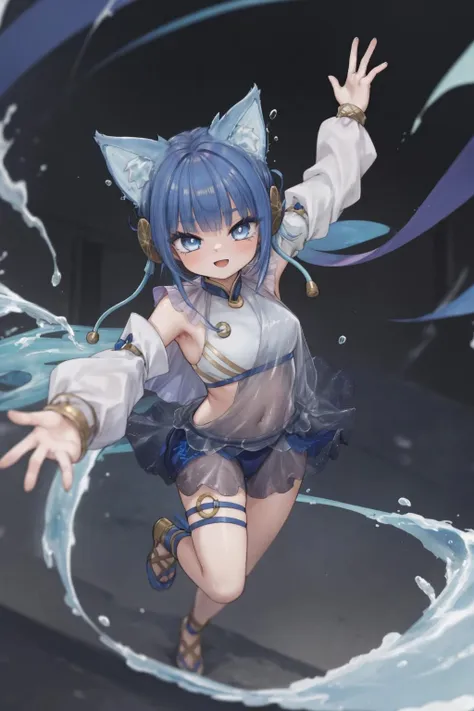 <lora:niniygo4:0.8>,  masterpiece, best quality,  1girl, dynamic pose, niniygo,  blue hair, blue eyes, see-through, dress,  cat ears, smile