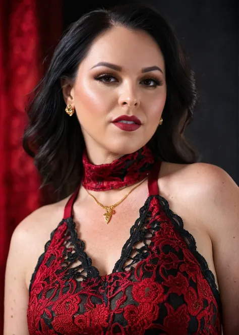 glamorous photo of a captivating masterpiece of an curvy woman in a (((criss-cross neckholder dress with turtleneck))) ,long earrings, necklace, half body, The intricate lace and gold details exude a very rebellious aura. ((The use of high-shine gloss adds a touch of glamour to the look)), ((while the deep red and black hues give it a dramatic vibe)), blurred background, studio ligthing, facing camera, shallow depth of field,   <lora:MS_AmandaThickk_V1_SDXL:0.8>, high fashion, luxurious, extravagant, stylish, sensual, opulent, elegance, stunning beauty, professional, high contrast, detailed,