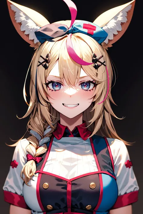 masterpiece, best quality, highres, op1, animal ears, hairclip, hair bow, streaked hair, <lora:omaru_polka_v1:0.7>, nurse cap, nurse, upper body, evil grin,