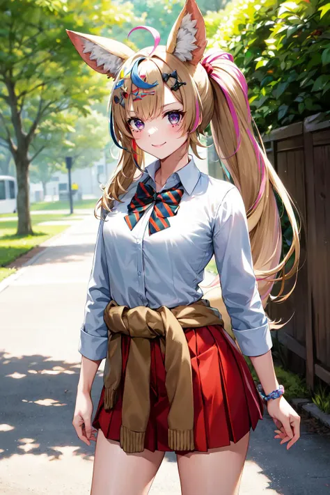masterpiece, best quality, highres, op1, animal ears, hair ornament, side ponytail, fox tail, clothes around waist, animal ears, loose socks, streaked hair, white shirt, school uniform, wrist scrunchie, white socks, gyaru, miniskirt, pleated skirt, red skirt, loose bowtie, long sleeves, jewelry, <lora:omaru_polka_v1:0.7>. cowboy shot, smile, standing, outdoors