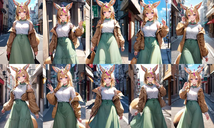 masterpiece, best quality, highres, op1, animal ears, hair ornament, side ponytail, fox tail, clothes around waist, animal ears, loose socks, streaked hair, white shirt, school uniform, wrist scrunchie, white socks, gyaru, miniskirt, pleated skirt, red skirt, loose bowtie, long sleeves, jewelry, <lora:omaru_polka_v1:0.7>, classroom, indoors, standing, cowboy shot,