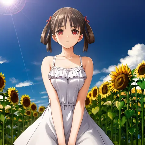 sorayama_natsume, <lora:sorayama_natsume_v2:0.8>, red_eyes, sunflower field, summer dress, sun, clouds, hair rings,, masterpiece, best quality