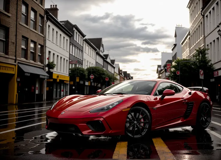 masterpiece, red sports car in the street, day time, wet weather, filmic, happy lighting, flare spots, brighter,