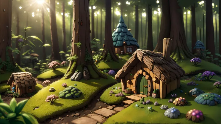 masterpiece, macro of a tiny gnome hut in a forest, dusk, dewdrops, high contrast, studio ghibli style, highly intricate, highly detailed, illustration, sunlight