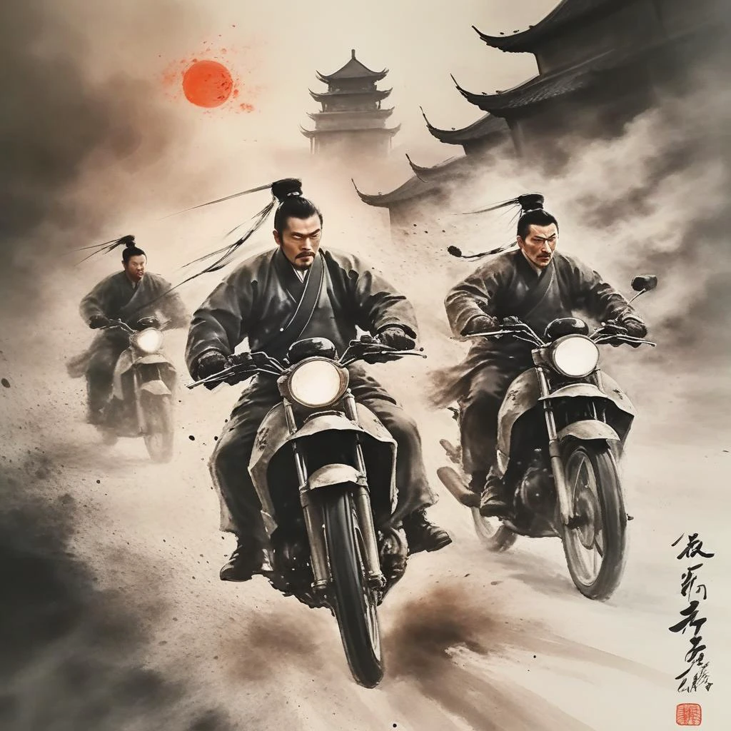 <lora:SDXL Ath_ink-paintingXL CF ink-painting:1>
ink-painting, 2manï¼
2 men on motorbikes chasing each other, distance, madness, escape, moonlit night.
Heavily armed Xiao He chasing Han Xin.