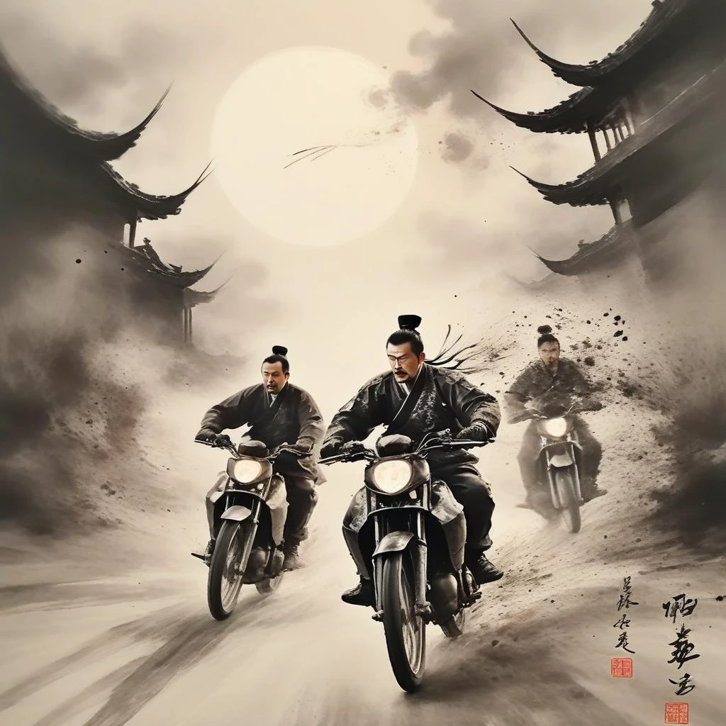 <lora:SDXL Ath_ink-paintingXL CF ink-painting:1>
ink-painting, 2manï¼
2 men on motorbikes chasing each other, distance, madness, escape, moonlit night.
Heavily armed Xiao He chasing Han Xin.