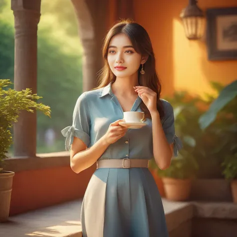 masterpiece,best quality,
Young woman clasping coffee cup,donned in elegant summer attire,face exuding perfection,eyes projecting warmth,casual stance amidst the scene,garbed in vibrant,cheerful hues,captured with high-resolution imagery,shallow depth of field emphasizing her,backlighting enhancing the composition,digital rendering with vivid colors,