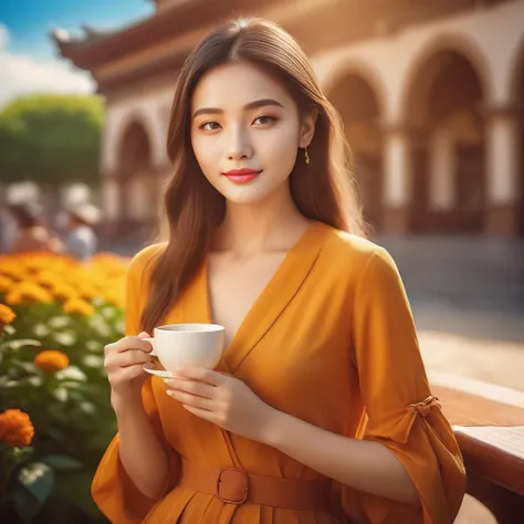 masterpiece,best quality,
Young woman clasping coffee cup,donned in elegant summer attire,face exuding perfection,eyes projecting warmth,casual stance amidst the scene,garbed in vibrant,cheerful hues,captured with high-resolution imagery,shallow depth of field emphasizing her,backlighting enhancing the composition,digital rendering with vivid colors,