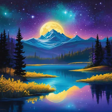 moonlit mountain lake under star-studded sky, water reflecting celestial dome, deep purple, teal, and goldenrod hues suffusing scene with otherworldly glow, stars' twinkle inverted in water's glassy surface, astral glow merges with nocturnal landscape, whispers of fantasy cool the air, mountain silhouettes loom over serene waters, shadows dance subtly, surreal ambiance, dramatic lighting, ultra,
