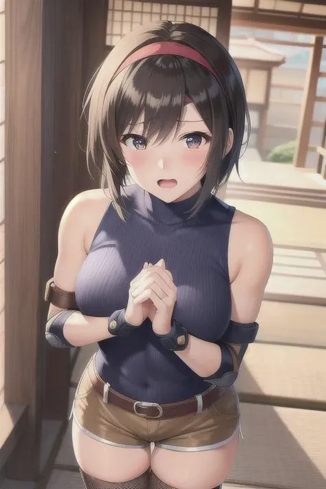 masterpiece, best quality, yuffie kisaragi, headband, sleeveless turtleneck, shoulder armor, armguard, fingerless gloves, tan shorts, single thighhigh, fishnets, cowboy shot, pov, blushing, furrowed brow, clenched fists, own hands together, open mouth, from above, traditional japanese architecture