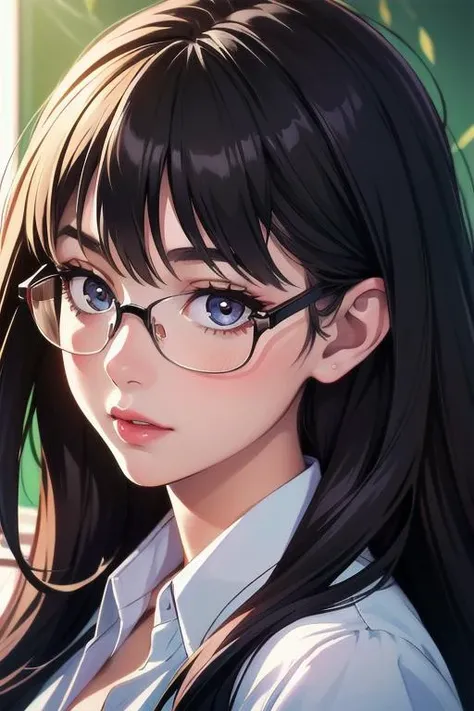 (best quality, masterpiece), 1girl painting a picture, dappled sunlight, indoors, glasses, paint splatter, shy, 1 girl, young girl, (goosebumps:0.7), beautiful face, (eyeliner, lipstick:0.9), 4k, 8k, uhd, hdr, detailed background, background