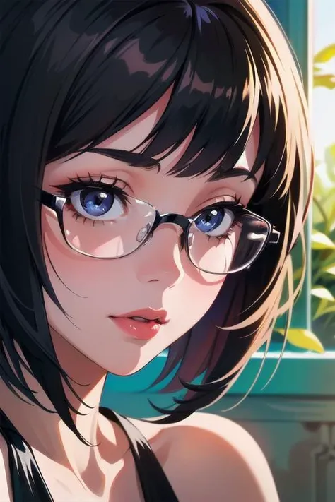 (best quality, masterpiece), 1girl painting a picture, dappled sunlight, indoors, glasses, paint splatter, shy, 1 girl, young girl, (goosebumps:0.7), beautiful face, (eyeliner, lipstick:0.9), 4k, 8k, uhd, hdr, detailed background, background