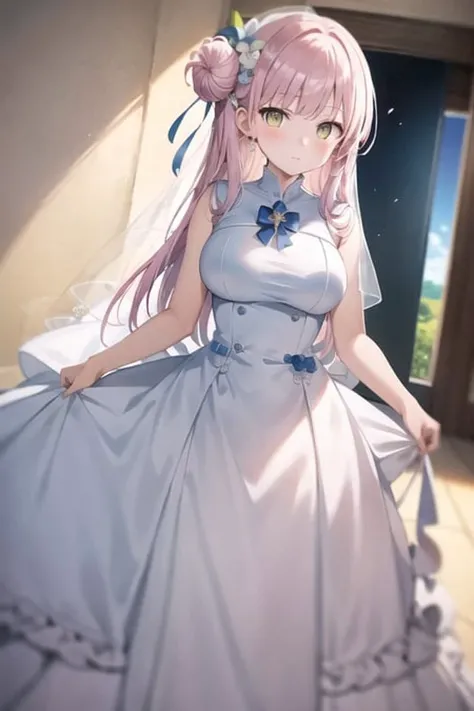 <lora:misonomika:1>best illustration,2D, BREAK
misonomika, thst, 1girl, solo, , (halo:1.2),(wedding dress:1.4), white wings, double bun, pink hair, large breasts,yellow eyes, long hair, hair ornament, blue bow, bangs,
, BREAK