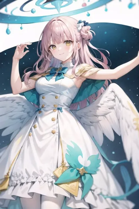 <lora:misonomika:1>best illustration,2D, BREAK
misonomika, thst, 1girl, solo, ,(halo:1.2), white dress, wrist scrunchie, white wings, single hair bun, large breasts,yellow eyes, long hair, white pantyhose, hair ornament, white capelet, blue bow, bangs, full body
, smile, BREAK
dynamic pose, dutch angle