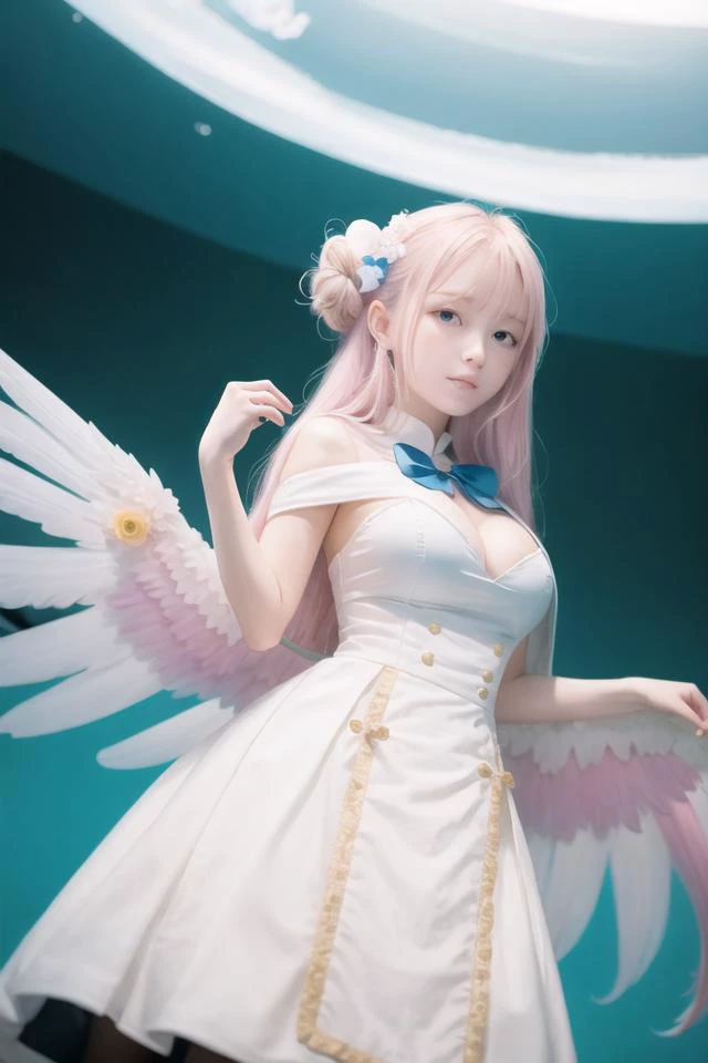 <lora:misonomika:1>realistic BREAK
misonomika, thst, 1girl, solo, , (halo:1.2), white dress, wrist scrunchie, white wings, single hair bun, large breasts,yellow eyes, pink hair, long hair, white pantyhose, hair ornament, white capelet, blue bow, bangs, , smile, BREAK dynamic pose, dutch angle