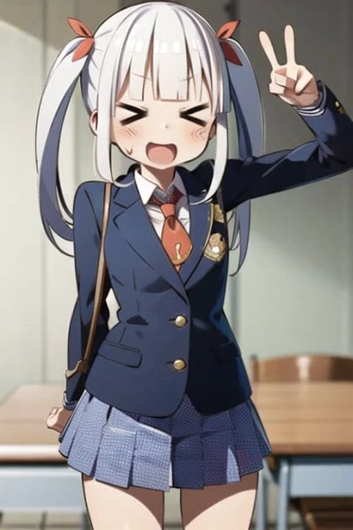 (masterpiece, best quality:1.2), (>_<:1.4), 1girl, blazer, :3, peace sign, white hair, twintails, :d, one arm behind back, classroom, <lora:classicAnime_v10:0.9>