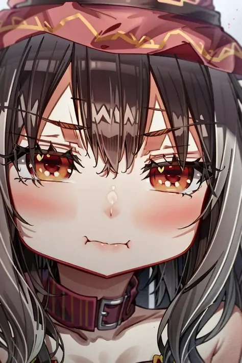<lora:moreExpressions:1>, 1girl, solo, :I, pout, <lora:meguminKonosuba_meguminArchWizard:0.9>, Megumin, witch hat, close-up, face, red eyes, masterpiece, best quality,