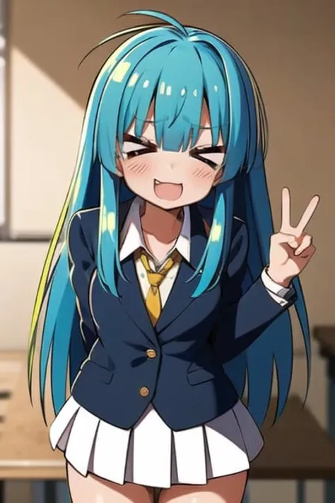 (masterpiece, best quality:1.2), (>_<:1.4), 1girl, blazer, :3, peace sign, green hair, messy hair, :d, one arm behind back, classroom, <lora:classicAnime_v10:0.9>