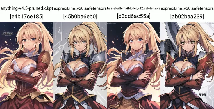 masterpiece,best quality,kim_kwang_hyun, 1girl, solo, long hair, breasts, looking at viewer, blue eyes, blonde hair, large breasts, long sleeves, dress, cleavage, closed mouth, weapon, puffy sleeves, arm up, clothing cutout, copyright name, red dress, cleavage cutout, juliet sleeves , power armor, shoulder armor, high ponytail, yellow eyes, Cross your arms in front of your chest, crossed arms,
<lora:760-train:1>