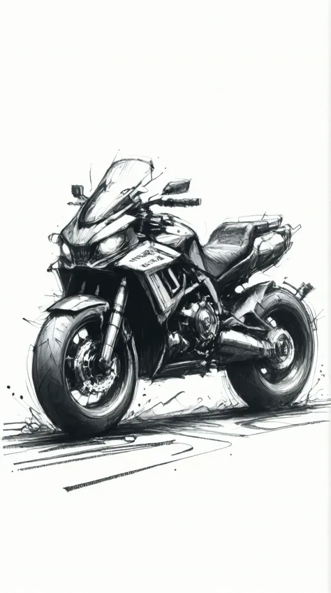 monochrome, (black background, white ink:0.5), rough sketch graphite (medium) detailed sketch motorbike
