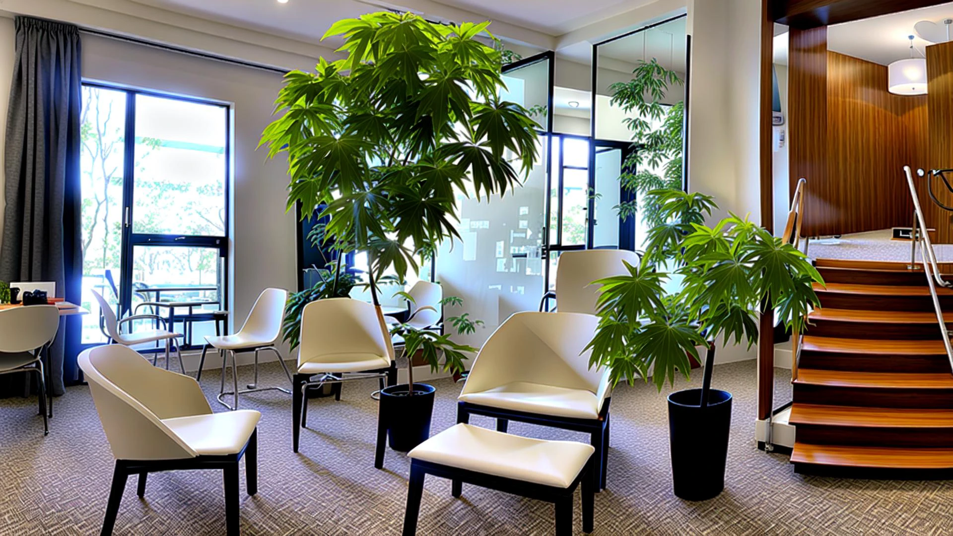 scenery, absurdres, best quality, amazing intricate, (no humans:1.4), phtdzk1, realistic, unreal engine,
bookshelf, bottle, ceiling light, chair, couch, cup, flower pot, indoors, lamp, leaf, painting \(object\), palm tree, plant, plate, potted plant, shelf, table, vase, window,
a room with a table, chairs, and a staircase in it with a potted plant on the table, photorealism