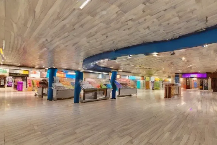 phtdzk1, incredibly detailed, landscape photography, cinematic lighting, volumetric lighting, Inside a popular mall, circa 1995, cphtdzk1