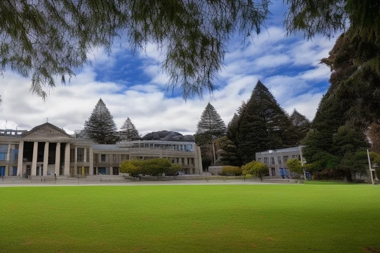 phtdzk1, incredibly detailed, landscape photography, cinematic lighting, volumetric lighting, University of Otago Dunedin New Zealand, College city, vibrant depth of color, FXAA, Chromatic Abberation, DSLR ,cphtdzk1