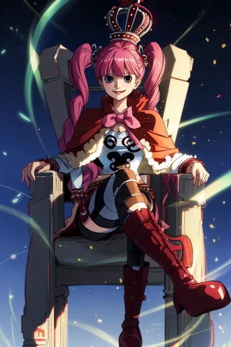 <lyco:Perona-step00001500:1.0>, cheems_perona_v3, black eyes, cowboy shot, red capelet, sitting, crossed legs, throne, smug, smirk, looking at viewer, disc-shaped eyes, volumetric lighting, light particles