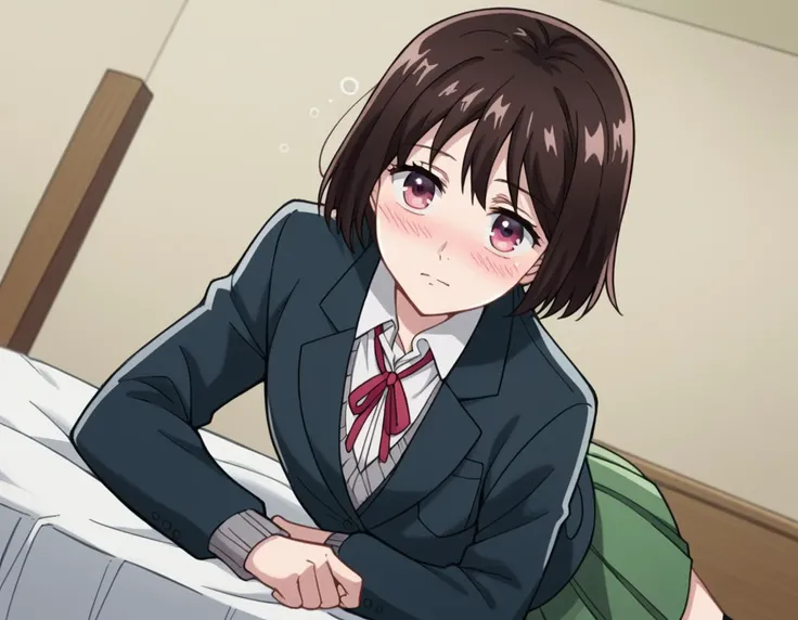 score_9, score_8_up, score_7_up, source_anime,
ichikaarima, <lora:ichika-arima-s1-ponyxl-lora-nochekaiser:1>,
ichika arima, short hair, brown hair, pink eyes,
skirt, shirt, long sleeves, ribbon, school uniform, jacket, white shirt, pleated skirt, socks, collared shirt, red ribbon, kneehighs, neck ribbon, blazer, green skirt, black socks,
indoors, bed, bed room, on side, blush, drunk,
cowboy shot, looking at viewer, solo, dutch angle,