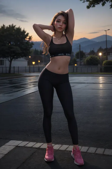 (8k uhd, masterpiece, best quality, high quality, absurdres, ultra-detailed, detailed background), photorealistic, realistic, 1girl, detailed face, slender, skinny, perfect hands, wearing a sports bra, skintight yogapants, tennis shoes, large breasts, thigh gap, long legs, slight protruding hip bone, narrow hips, ass, doing standing stretches at the park, (random pose:1.4), from the front, looking at the viewer, soft lighting, early morning, detailed background, grass, wood fence, scenic mountain background, clouds, detailed hands, <lora:yogapantsv01:0.7> <lora:0:0.4> <lora:add_detail:0.8> <lora:LowRA:0.6> <lora:GoodHands-vanilla:1> <lora:cameltoe_V2.1:0.3>